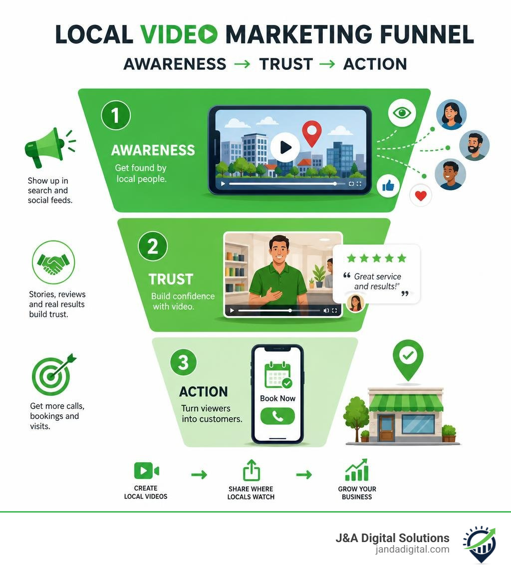 Local video marketing funnel infographic: Awareness to Trust to Action for small businesses infographic