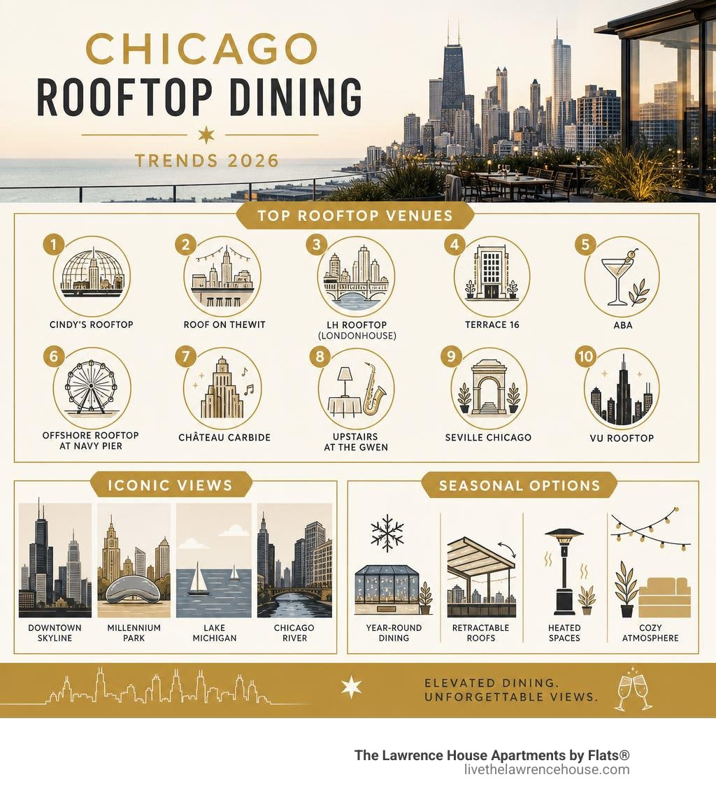 Chicago rooftop dining trends infographic showing top venues, view types, and seasonal options infographic