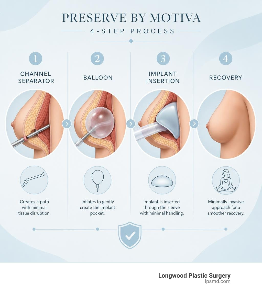 4-step Preserve by Motiva process infographic showing Channel Separator, Balloon, Implant Insertion, and Recovery infographic 4-step Preserve by Motiva process infographic showing Channel Separator, Balloon, Implant Insertion, and Recovery infographic