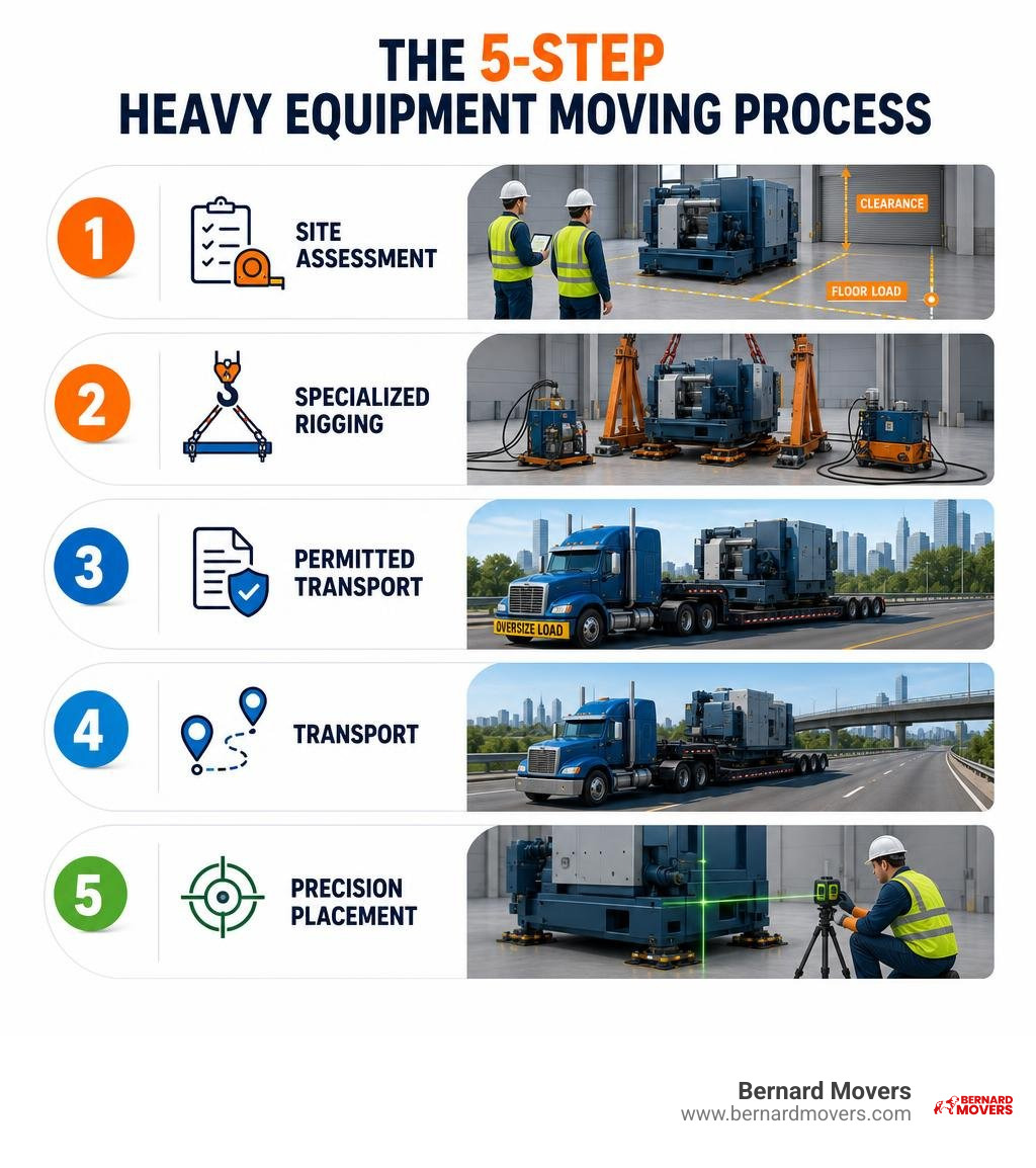 Infographic showing the 5-step heavy equipment moving process: site assessment, rigging, permitting, transport, precision