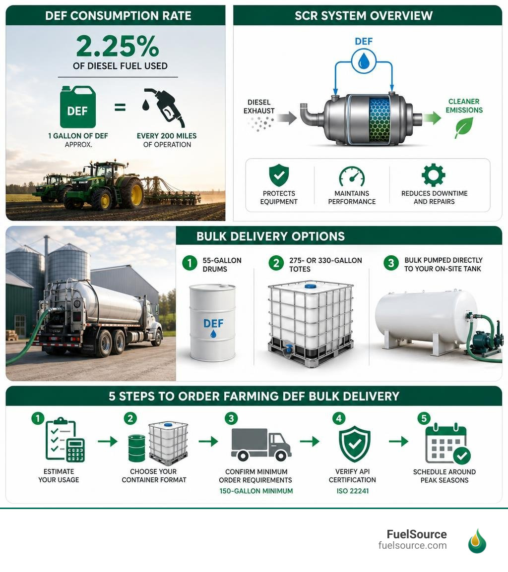Infographic showing DEF consumption rate, SCR system overview, bulk delivery options, and steps to order farming DEF bulk