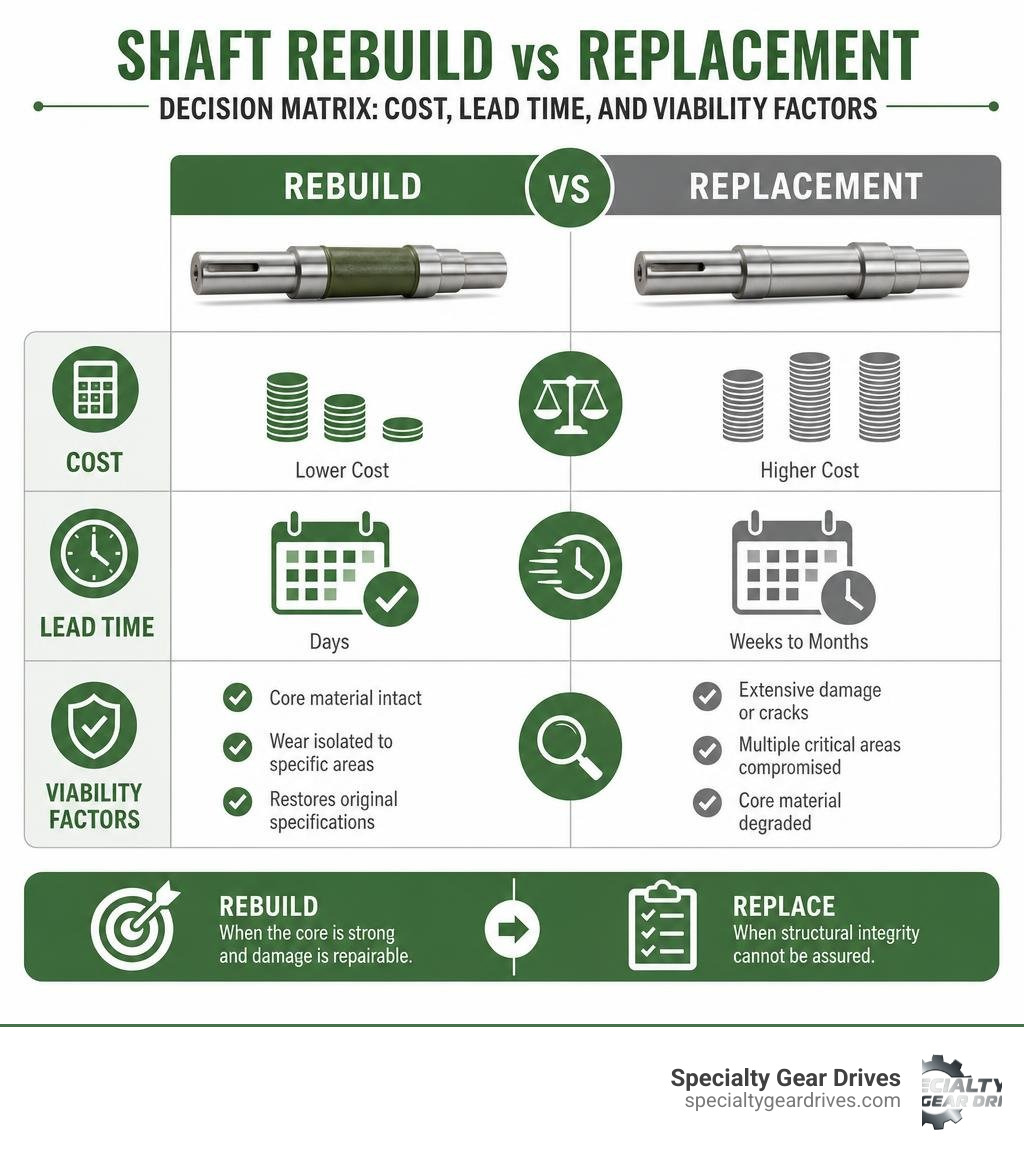 Shaft rebuild vs replacement decision matrix: cost, lead time, and viability factors infographic Shaft rebuild vs replacement decision matrix: cost, lead time, and viability factors infographic