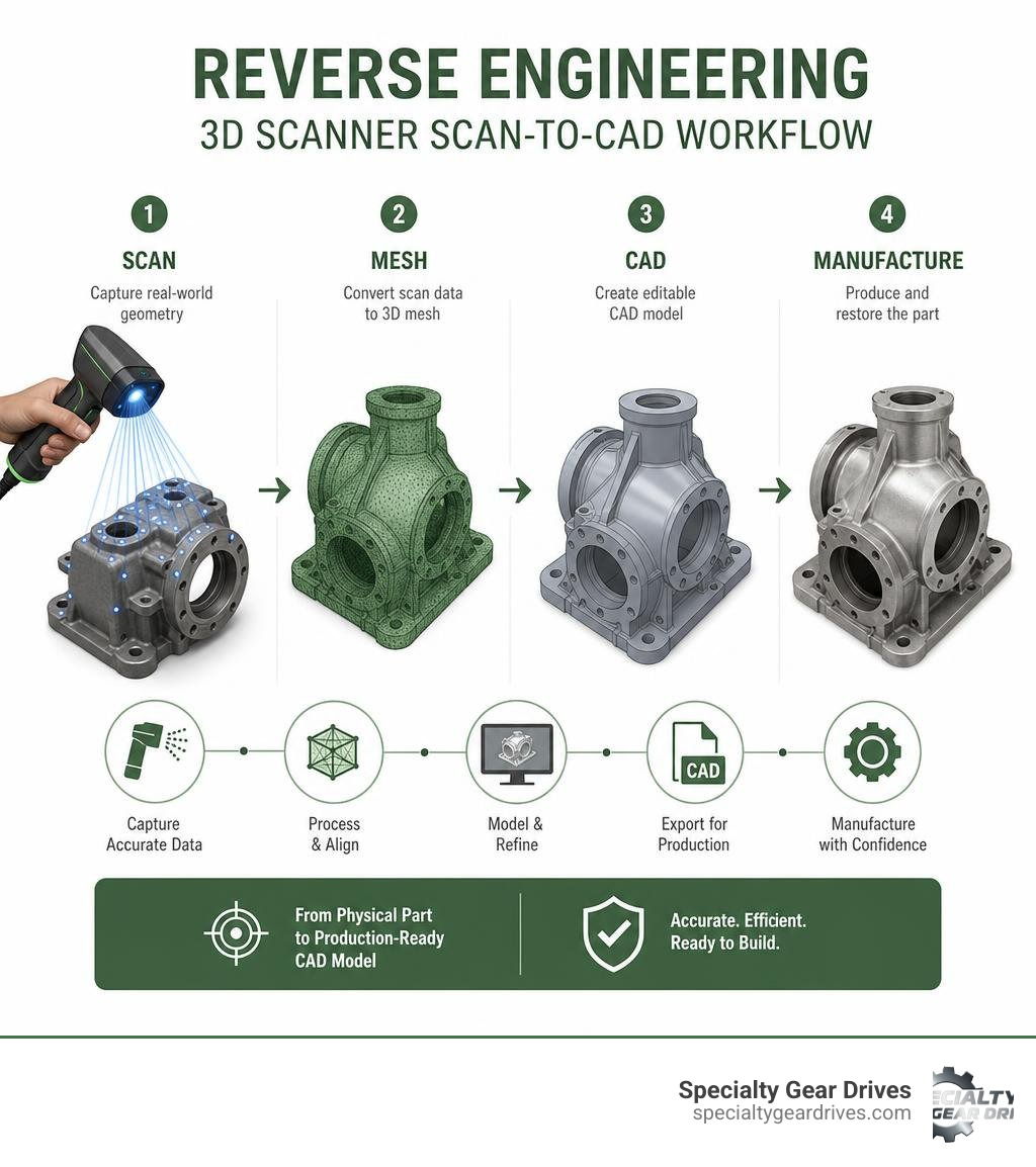 Reverse engineering 3D scanner scan-to-CAD workflow infographic showing scan, mesh, CAD, and manufacture steps infographic Reverse engineering 3D scanner scan-to-CAD workflow infographic showing scan, mesh, CAD, and manufacture steps infographic