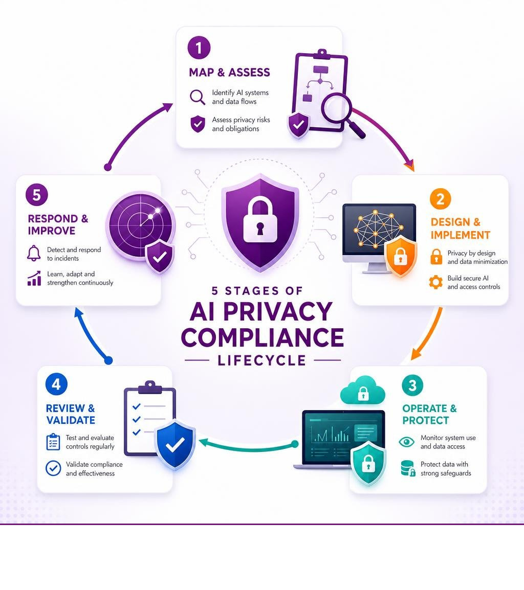 5 stages of the AI privacy compliance lifecycle with key controls at each phase - secure ai privacy compliance infographic 5 stages of the AI privacy compliance lifecycle with key controls at each phase - secure ai privacy compliance infographic