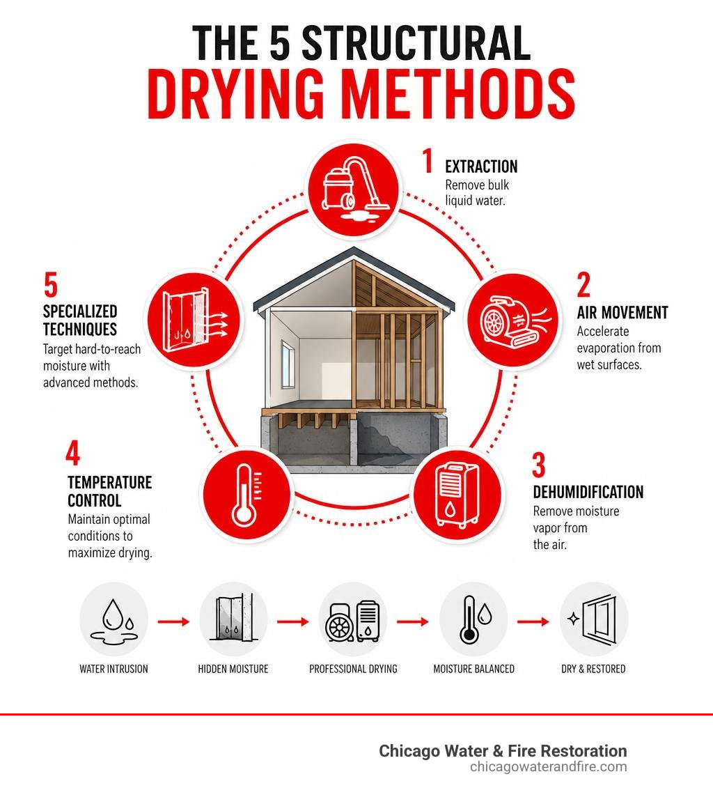 Infographic showing the 5 structural drying methods: extraction, air movement, dehumidification, temperature control, and Infographic showing the 5 structural drying methods: extraction, air movement, dehumidification, temperature control, and