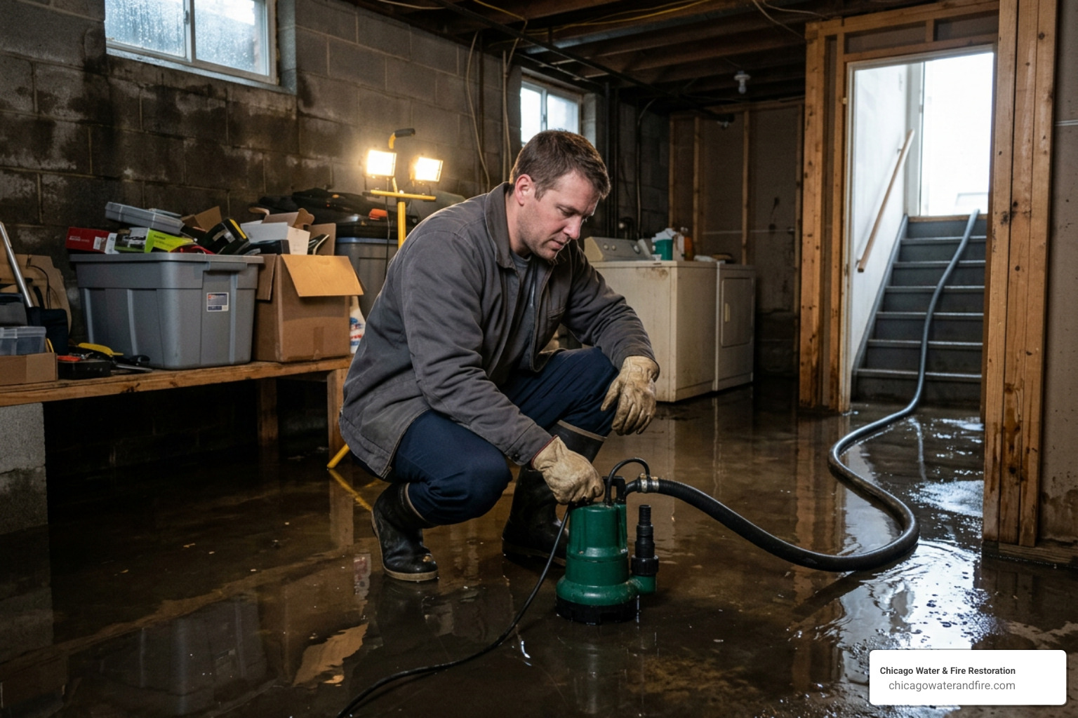 pumping standing water out of a flooded basement