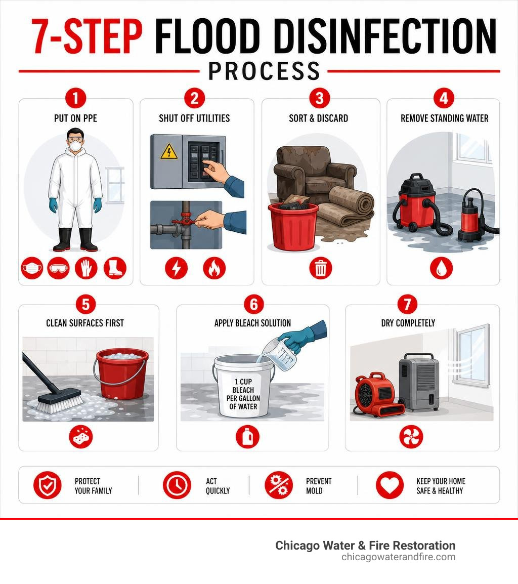 7-step flood disinfection process infographic with safety gear, cleaning, bleach solution, and drying steps infographic