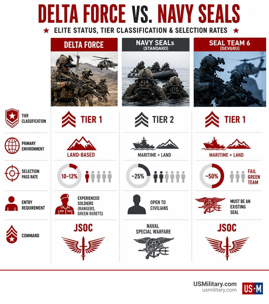 Infographic comparing Delta Force vs Navy SEALs elite status, tier classification, and selection rates infographic Infographic comparing Delta Force vs Navy SEALs elite status, tier classification, and selection rates infographic