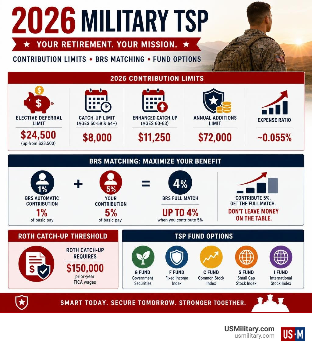 2026 military TSP framework showing contribution limits BRS matching and fund options infographic infographic 2026 military TSP framework showing contribution limits BRS matching and fund options infographic infographic