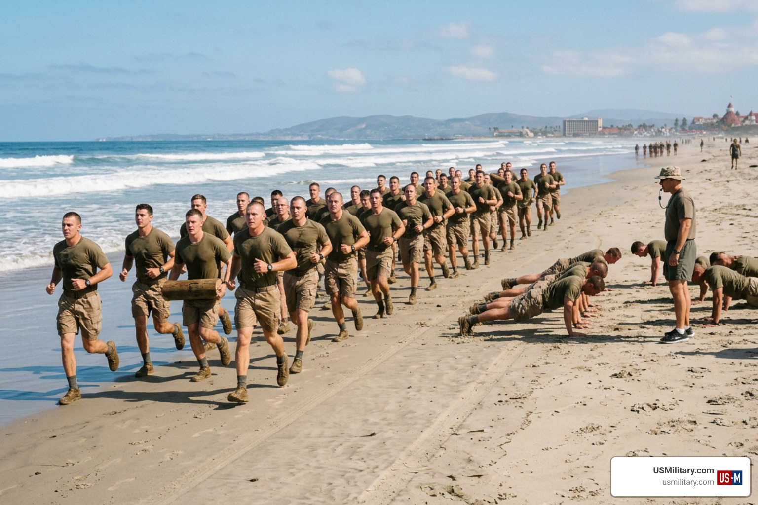 Navy SEAL candidates undergoing rigorous physical training on the beach during BUD/S