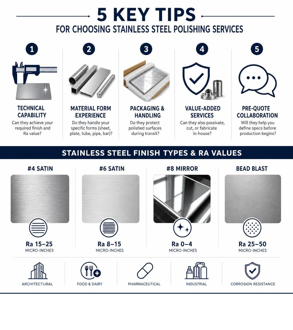 Infographic: 5 key tips for choosing stainless steel polishing services with finish types and Ra values infographic Infographic: 5 key tips for choosing stainless steel polishing services with finish types and Ra values infographic