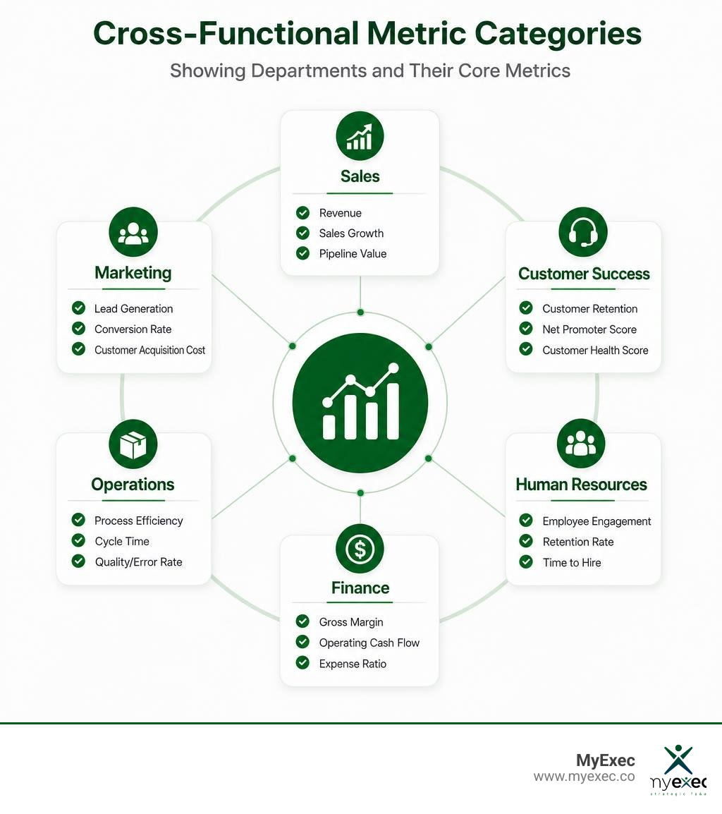 Cross-functional metric categories showing departments and their core metrics with full padding infographic