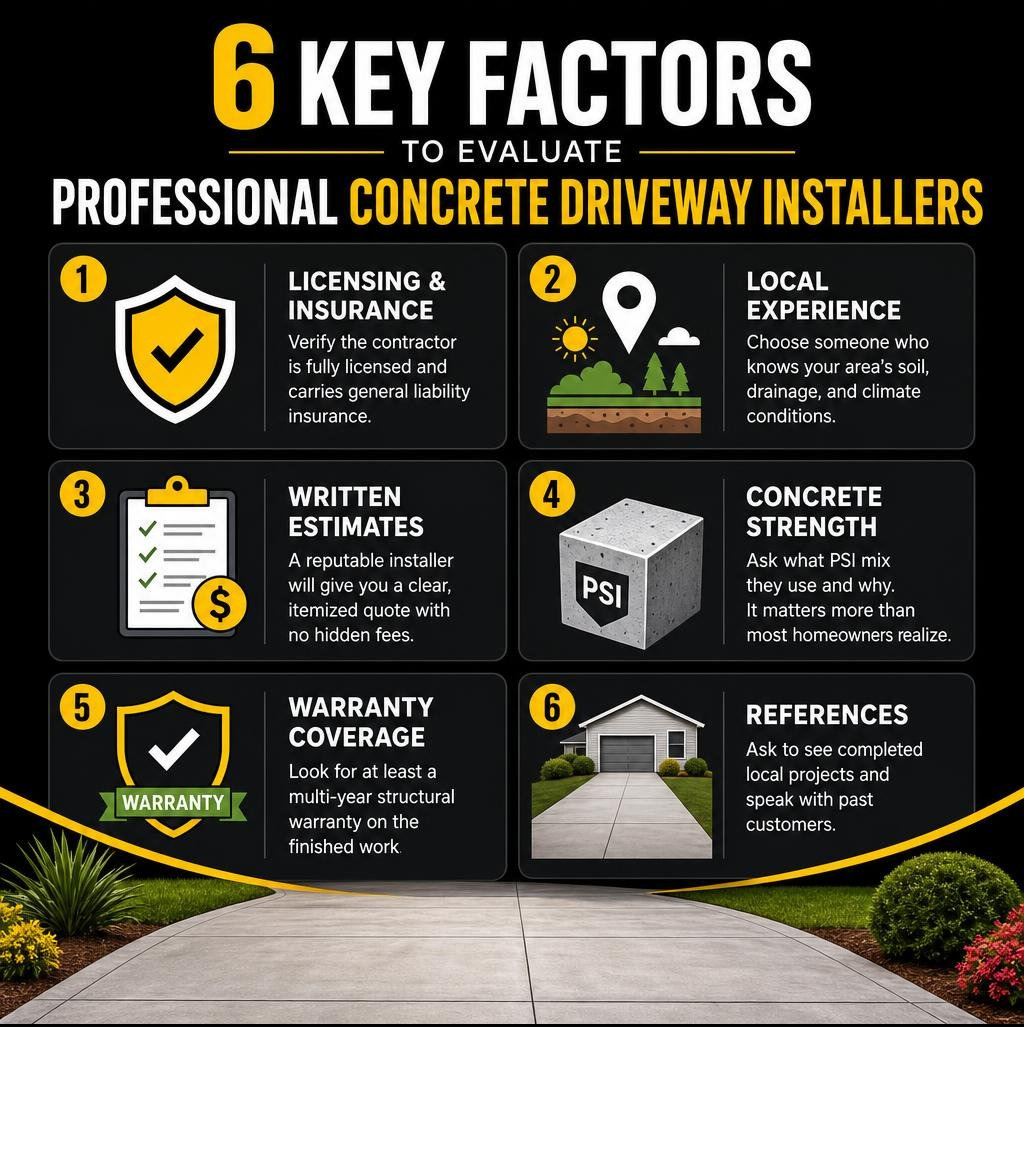 Infographic: 6 key factors to evaluate professional concrete driveway installers infographic