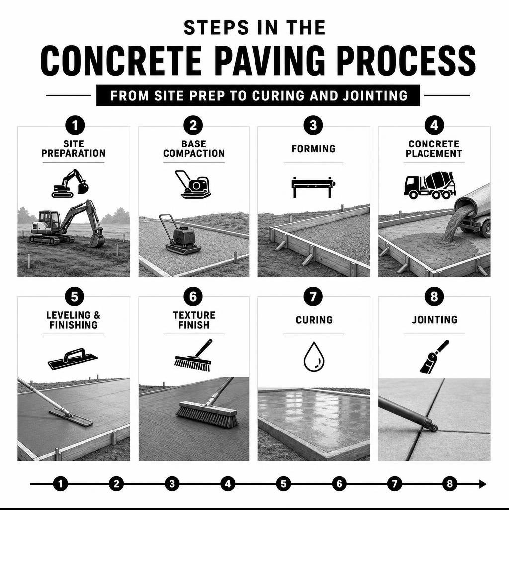 Steps in the concrete paving process from site prep to curing and jointing infographic