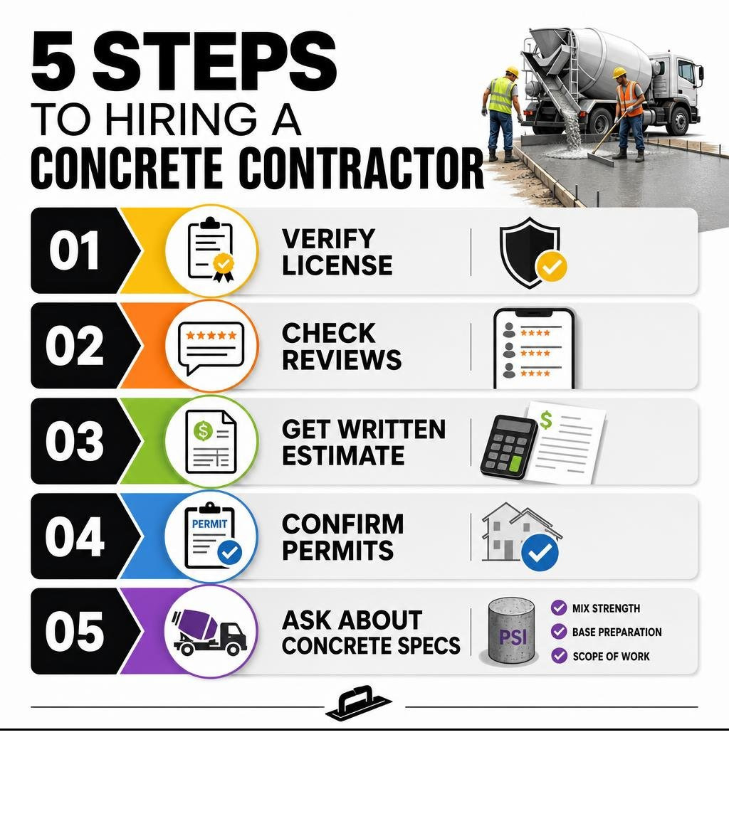 Infographic: 5 steps to hiring a concrete contractor - verify license, check reviews, get written estimate, confirm permits