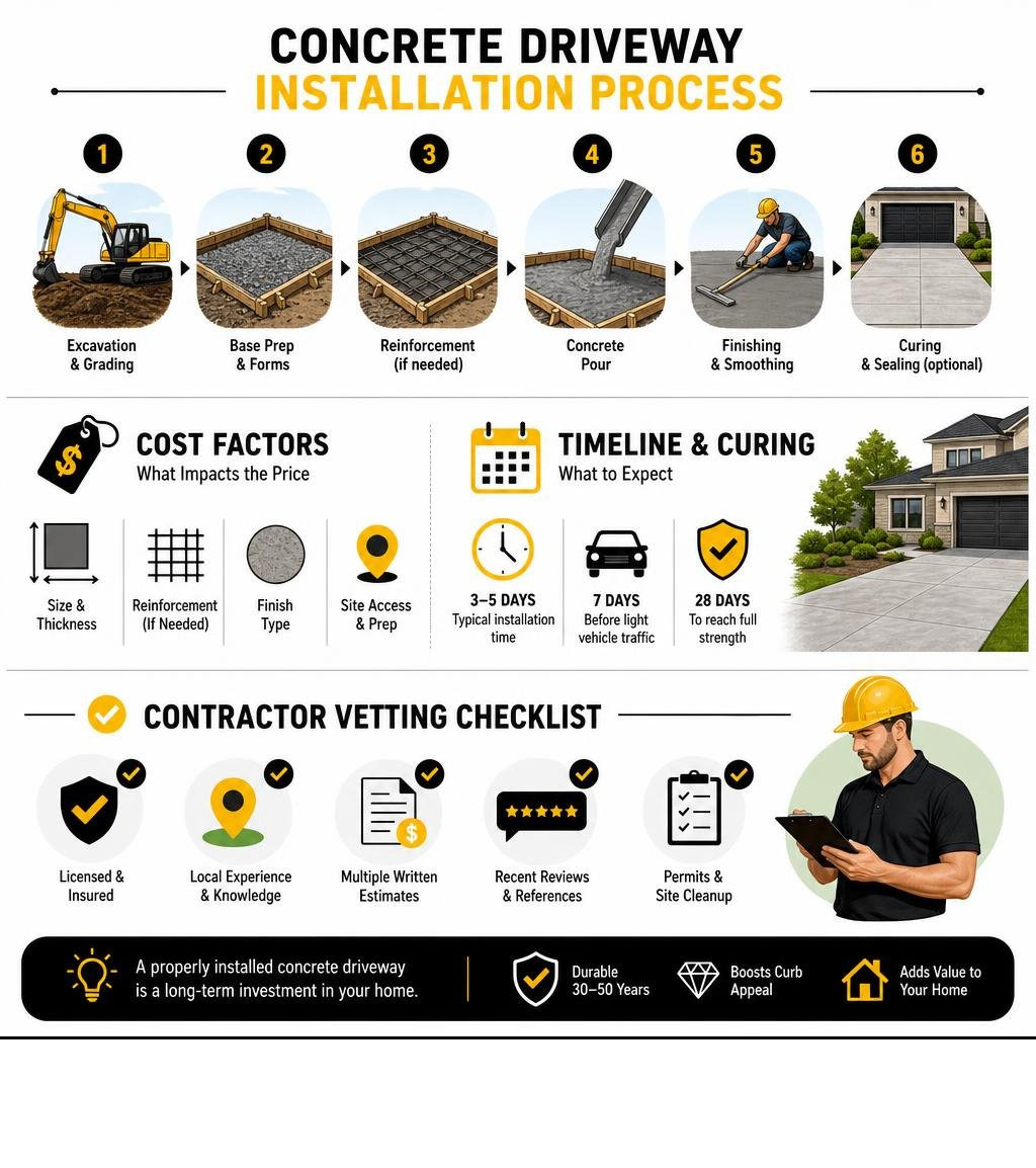 Infographic: concrete driveway installation process, costs, and contractor vetting checklist infographic Infographic: concrete driveway installation process, costs, and contractor vetting checklist infographic