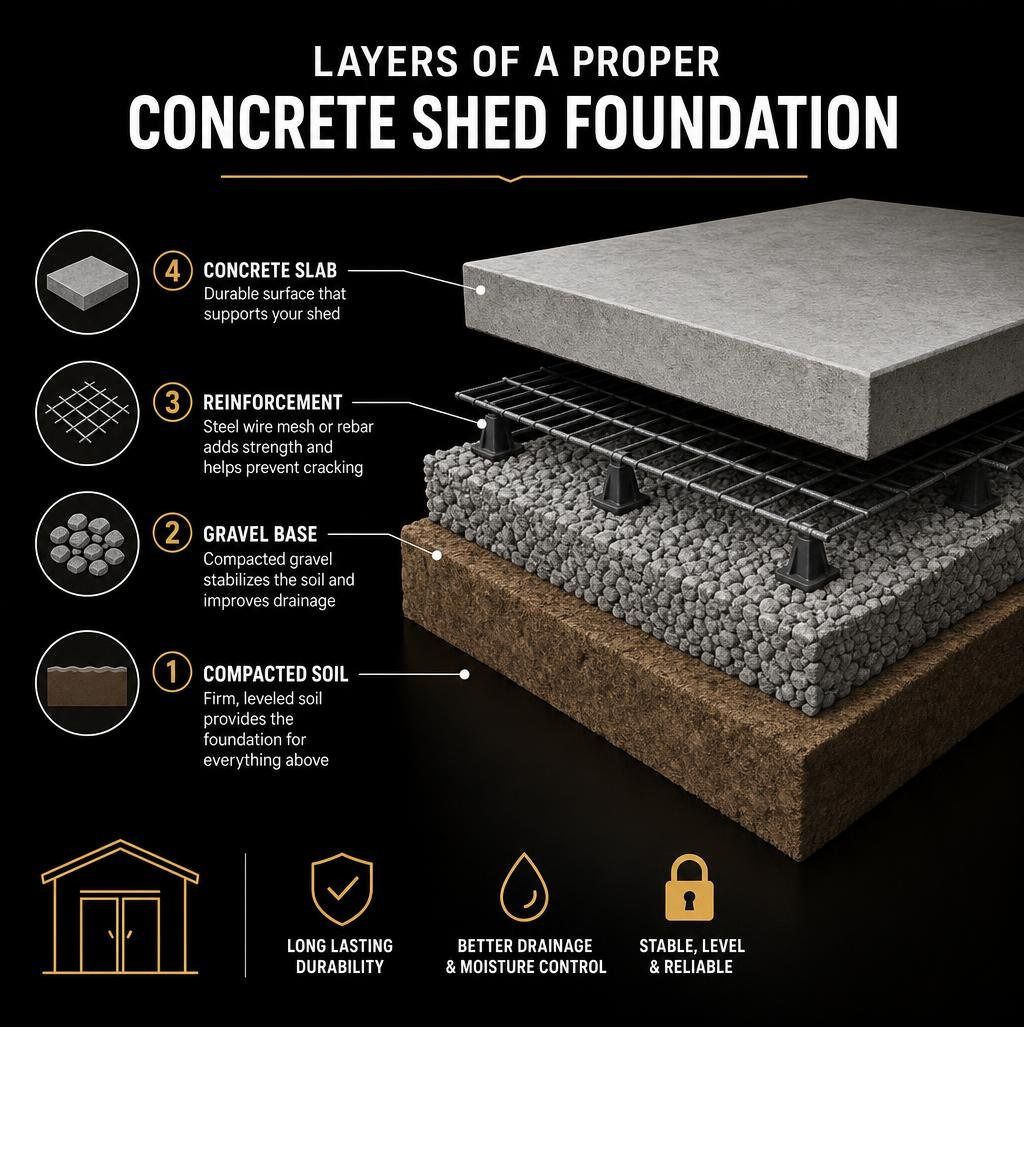 Layers of a proper concrete shed foundation including gravel base, reinforcement, and concrete slab infographic Layers of a proper concrete shed foundation including gravel base, reinforcement, and concrete slab infographic