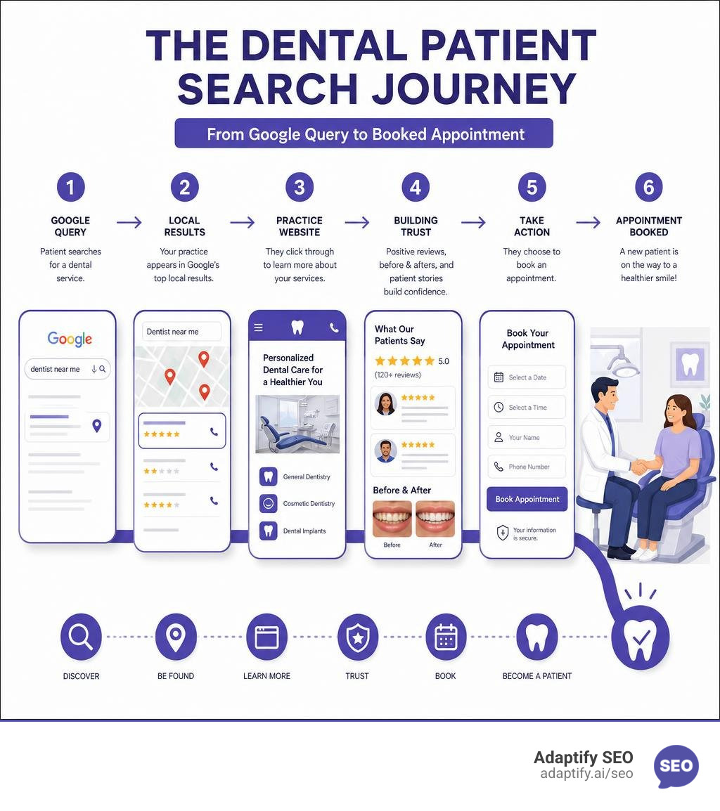 Infographic showing the dental patient search journey from Google query to booked appointment infographic