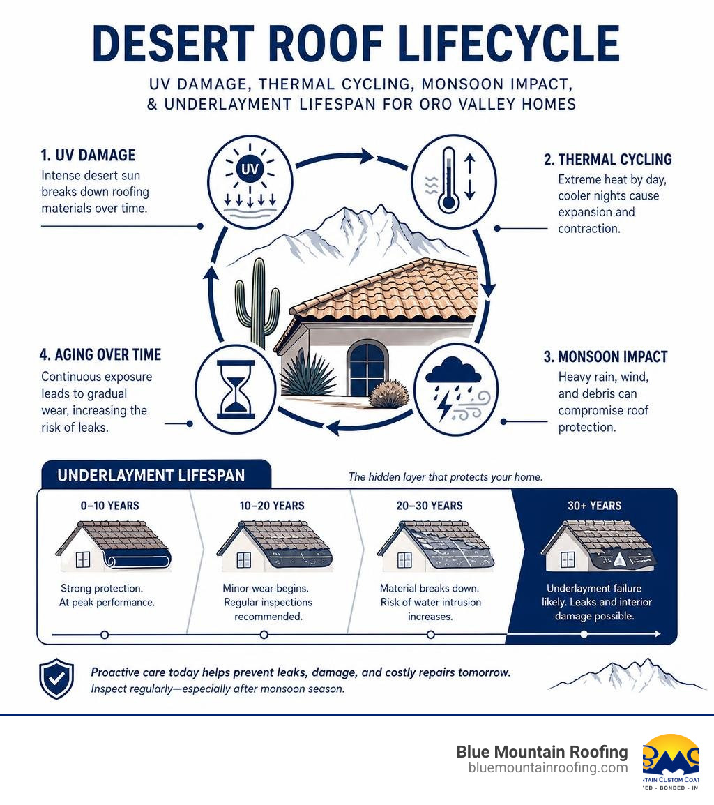 Desert roof lifecycle infographic: UV damage, thermal cycling, monsoon impact, and underlayment lifespan for Oro Valley Desert roof lifecycle infographic: UV damage, thermal cycling, monsoon impact, and underlayment lifespan for Oro Valley