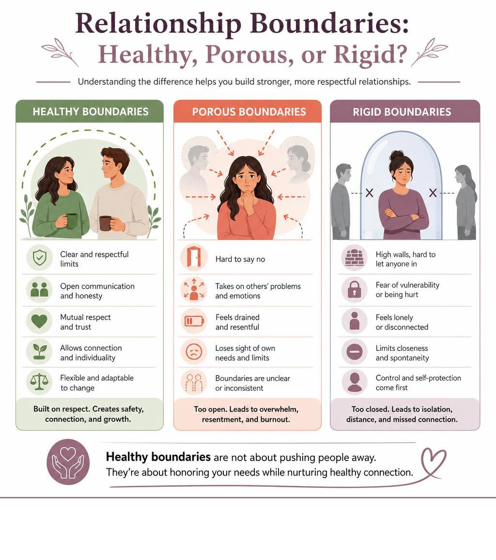 Infographic comparing healthy, porous, and rigid relationship boundaries with key traits of each infographic