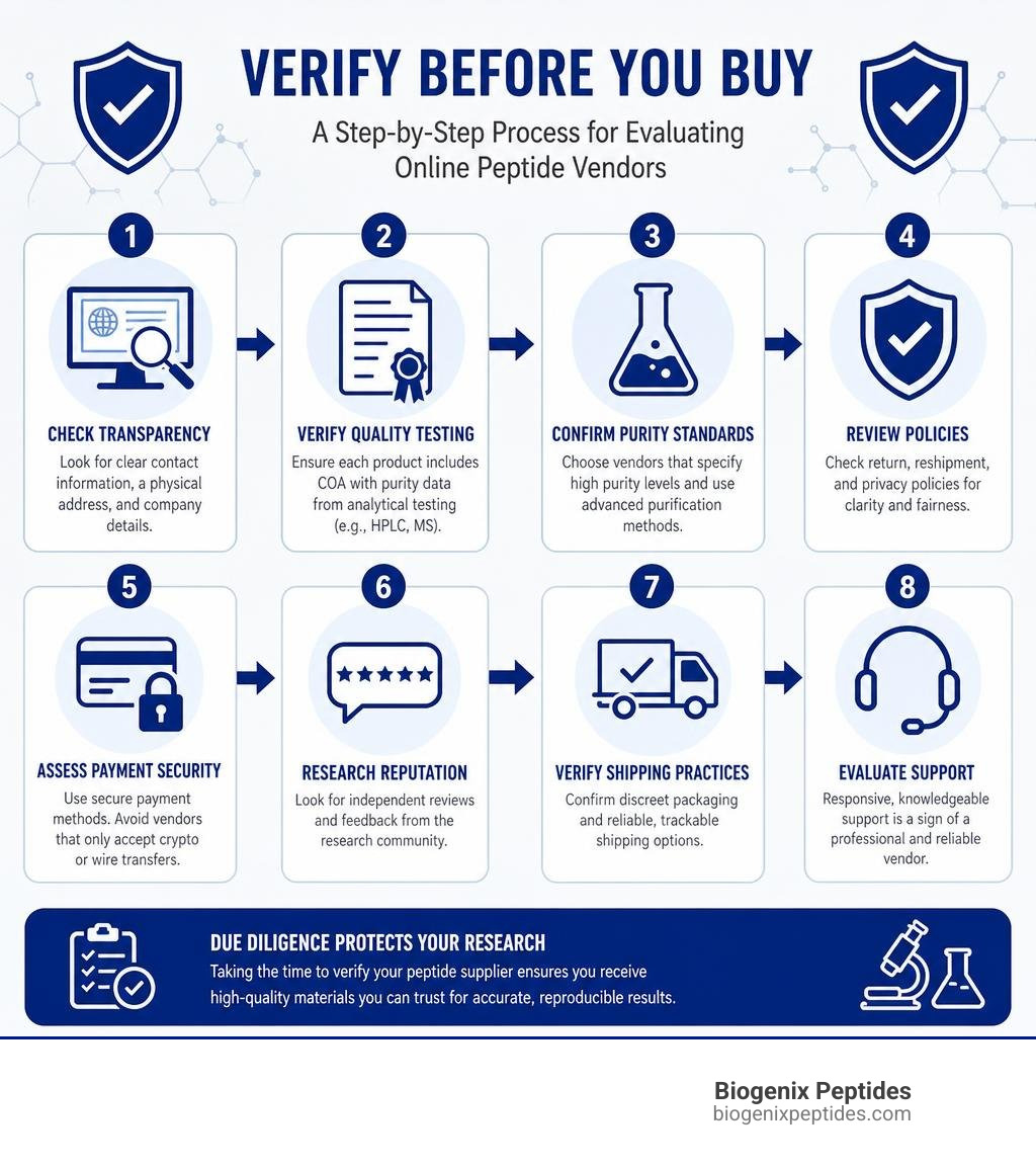 infographic explaining the step-by-step verification process for online peptide vendors infographic