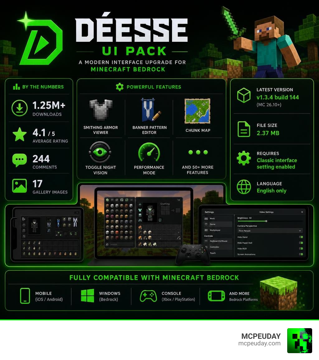 Infographic summarizing Déesse UI Pack features, compatibility, and download stats for Minecraft Bedrock infographic Infographic summarizing Déesse UI Pack features, compatibility, and download stats for Minecraft Bedrock infographic