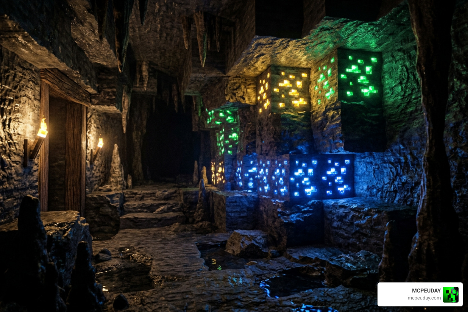 Glowing Ores addon in a dark cave using RealSource REALISTIC pack