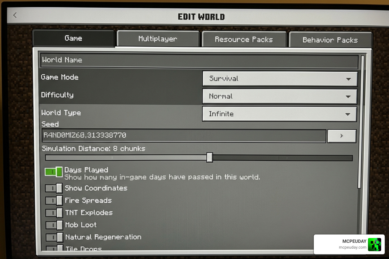 Minecraft world settings menu showing Days Played toggle