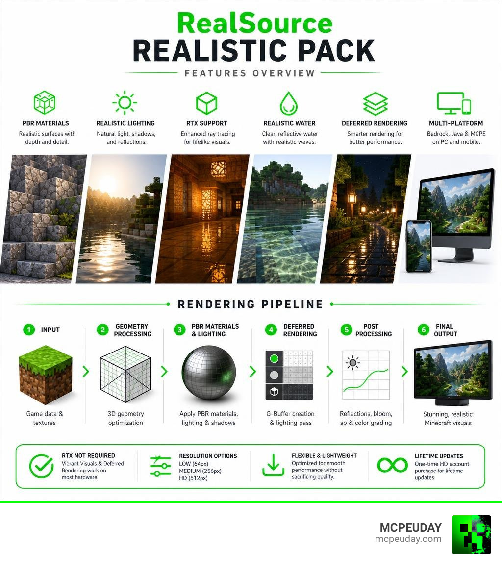 RealSource REALISTIC pack features overview and rendering pipeline infographic infographic