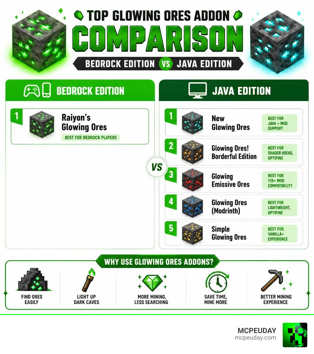 Comparison infographic of top Glowing Ores ADDON options across Bedrock and Java Edition infographic Comparison infographic of top Glowing Ores ADDON options across Bedrock and Java Edition infographic