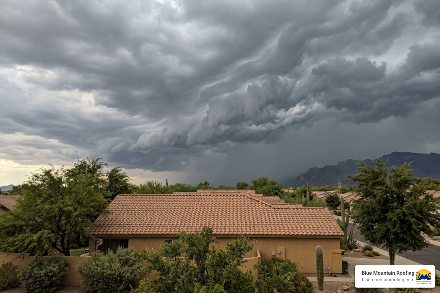 Monsoon storm clouds gathering over a residential roof in Tucson