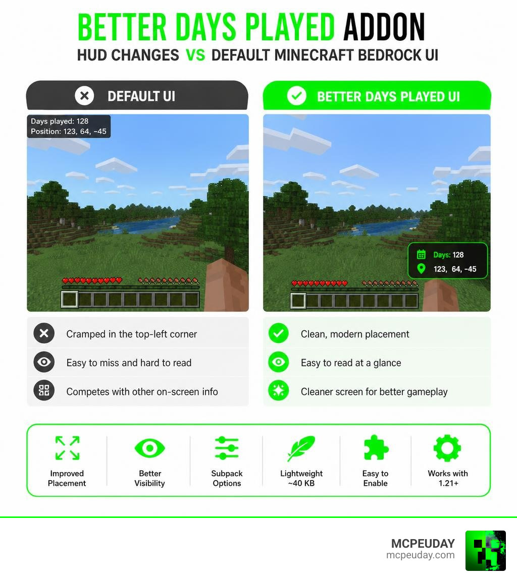 Infographic showing Better Days Played ADDON HUD changes vs default Minecraft Bedrock UI infographic