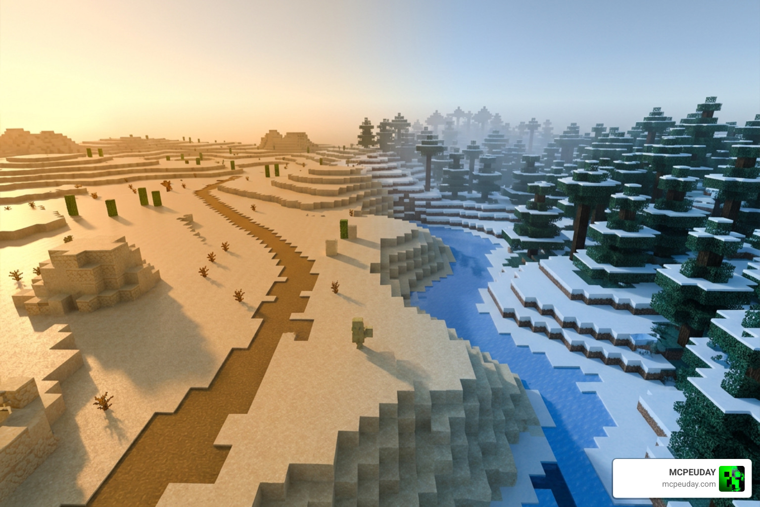 Biome-specific lighting in Minecraft Bedrock showcasing warm and cold tones Biome-specific lighting in Minecraft Bedrock showcasing warm and cold tones