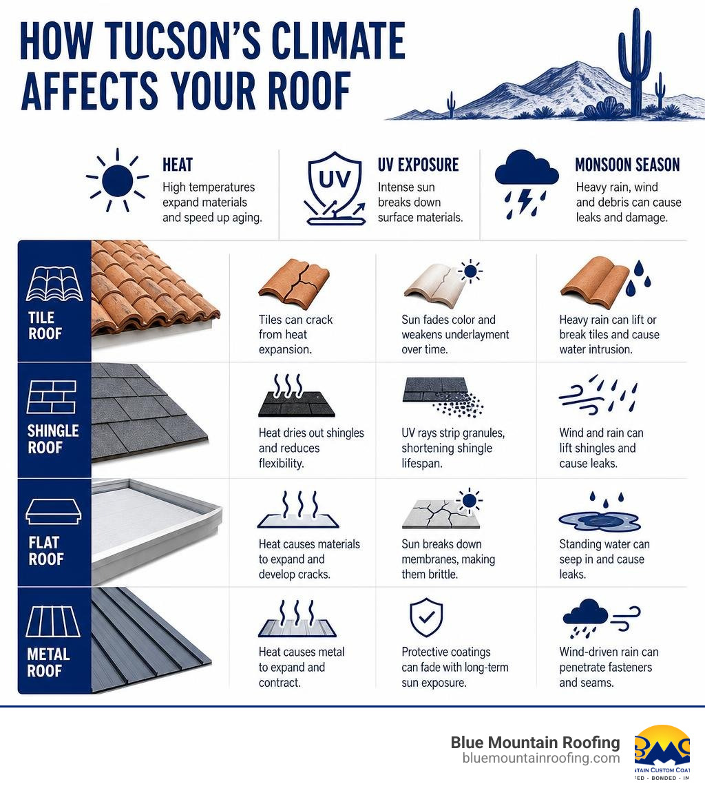 Infographic showing how Tucson's heat, UV exposure, and monsoon season affect tile, shingle, flat, and metal roofs