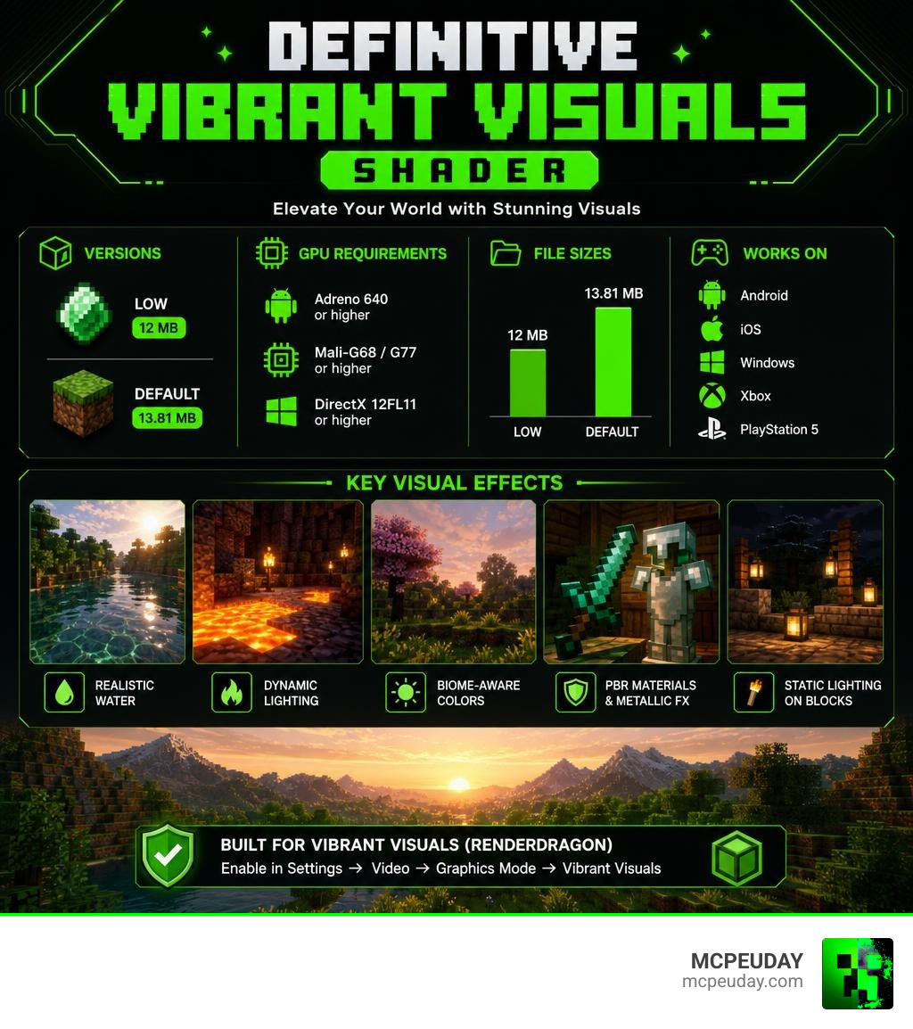 Definitive Vibrant Visuals Shader features infographic: versions, GPU requirements, file sizes, and key visual effects Definitive Vibrant Visuals Shader features infographic: versions, GPU requirements, file sizes, and key visual effects