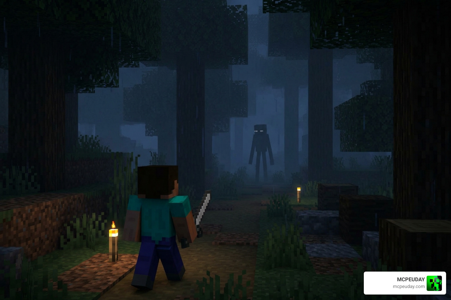 The Fogwalker addon entity stalking a player in Minecraft PE Bedrock Edition horror survival