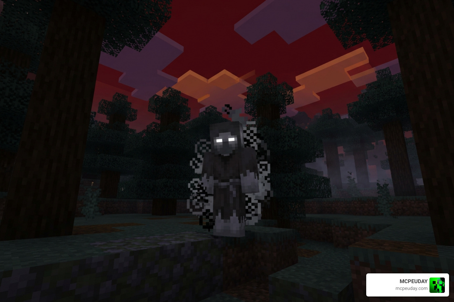 The Fogwalker entity standing in a dark Minecraft forest under a blood red sky