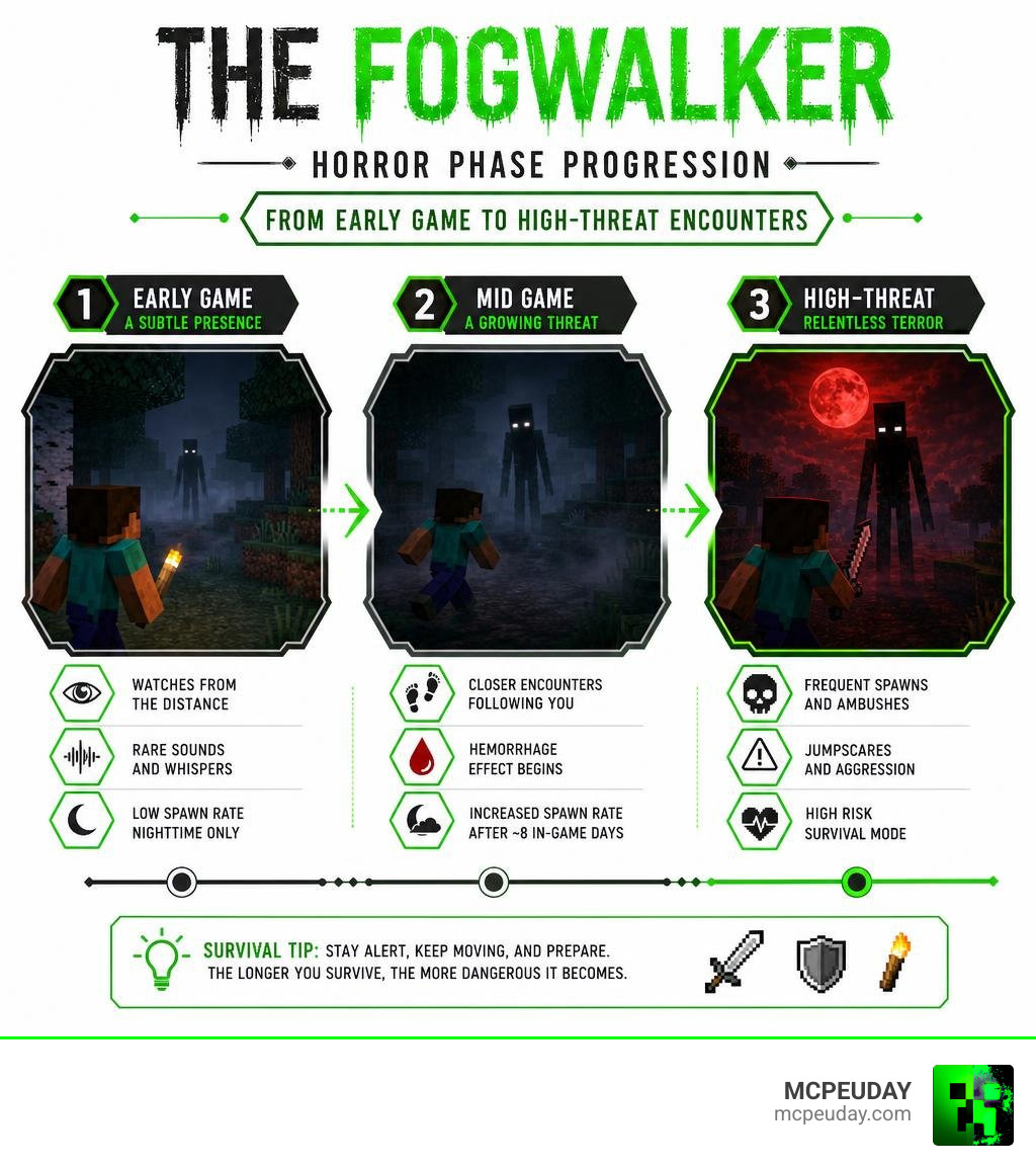 Infographic showing The Fogwalker addon horror phase progression from early game to high-threat encounters infographic