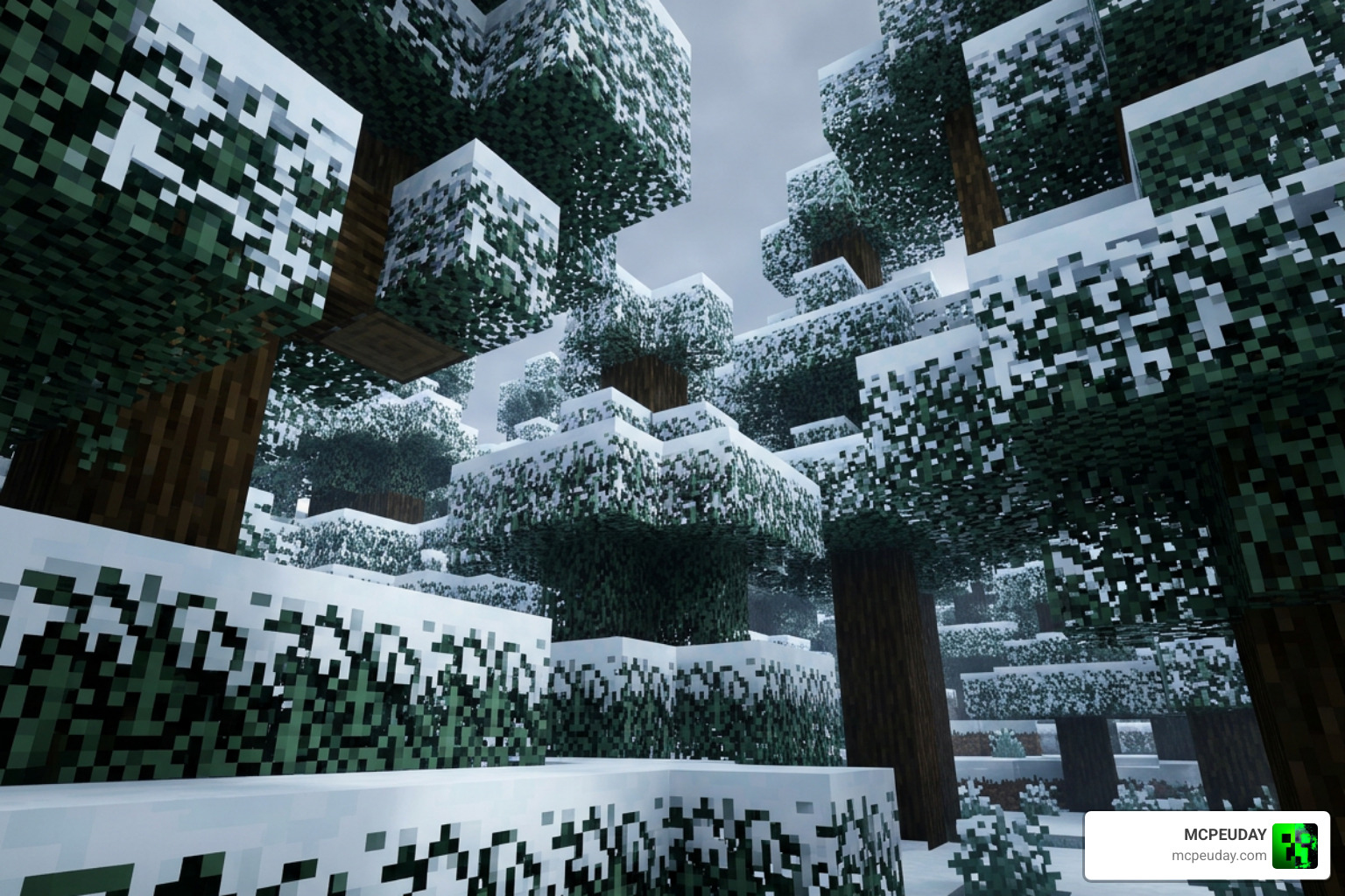 Snow overlay on bushy leaves in a winter Minecraft biome