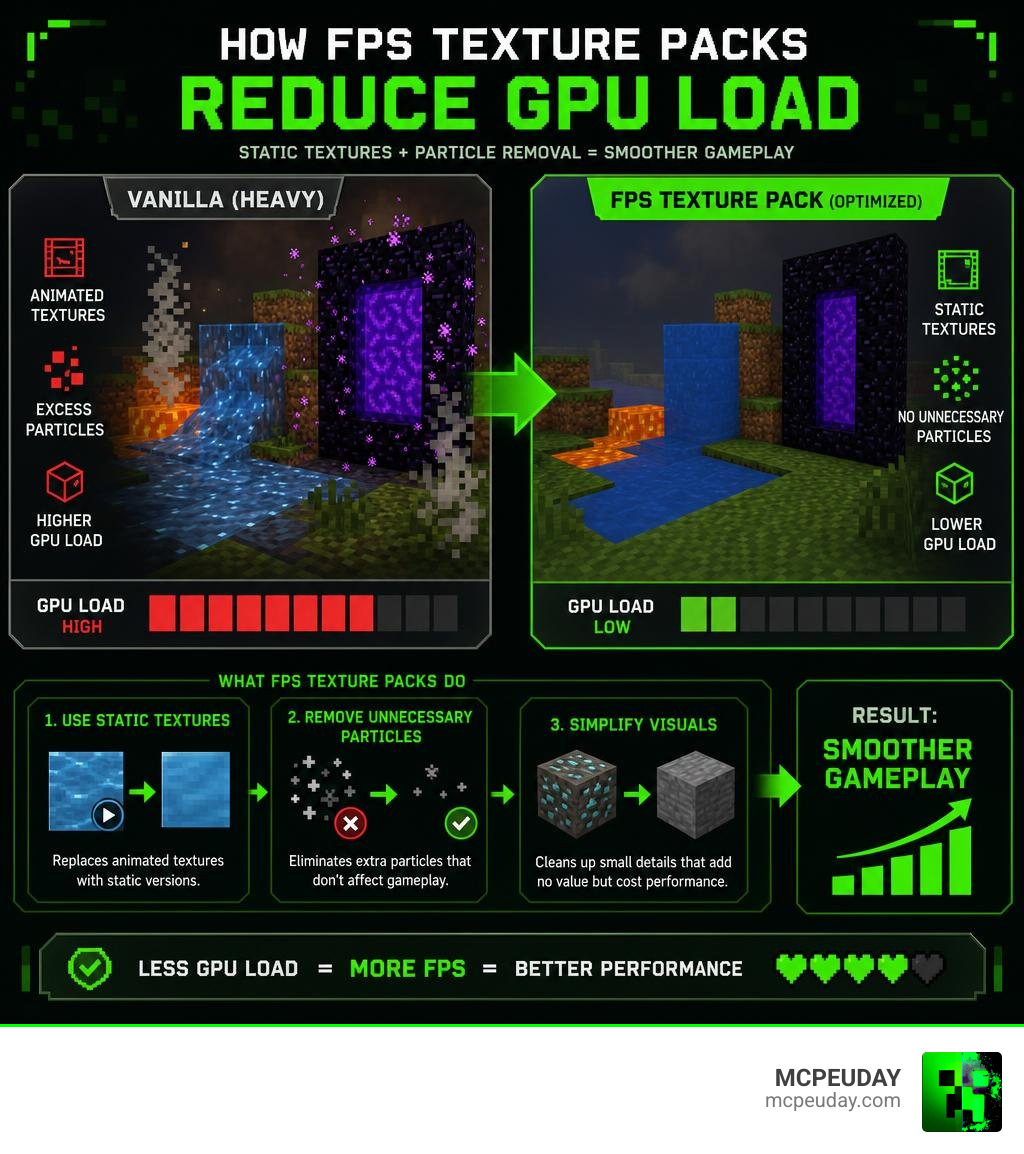 Infographic showing how FPS texture packs reduce GPU load through static textures and particle removal infographic Infographic showing how FPS texture packs reduce GPU load through static textures and particle removal infographic