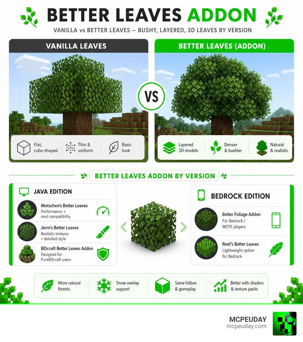 Comparison infographic: vanilla Minecraft leaves vs Better Leaves addon bushy layered 3D models by version infographic