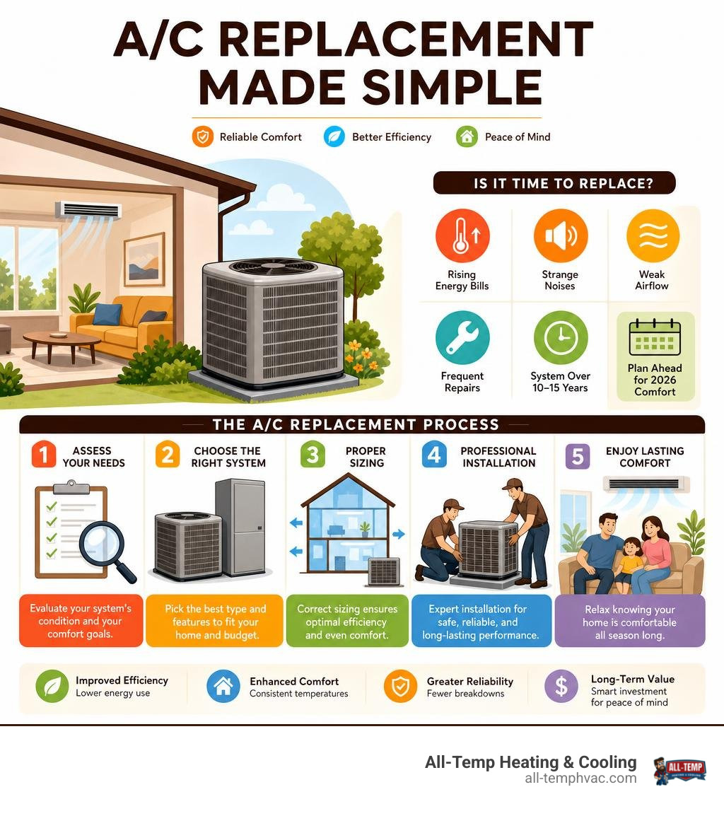 5-step A/C replacement process infographic showing signs, system types, sizing, cost, and installation timeline - a/c