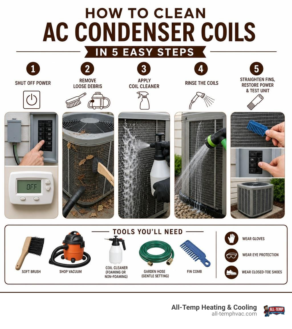 5-step infographic showing how to clean AC condenser coils with tools and cleaning process overview infographic 5-step infographic showing how to clean AC condenser coils with tools and cleaning process overview infographic