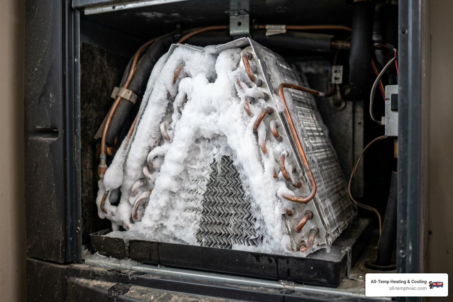 Frozen evaporator coils on an indoor AC unit due to a refrigerant leak