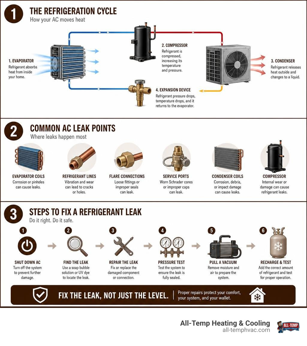 Infographic showing the refrigeration cycle, common AC leak points, and steps to fix a refrigerant leak infographic