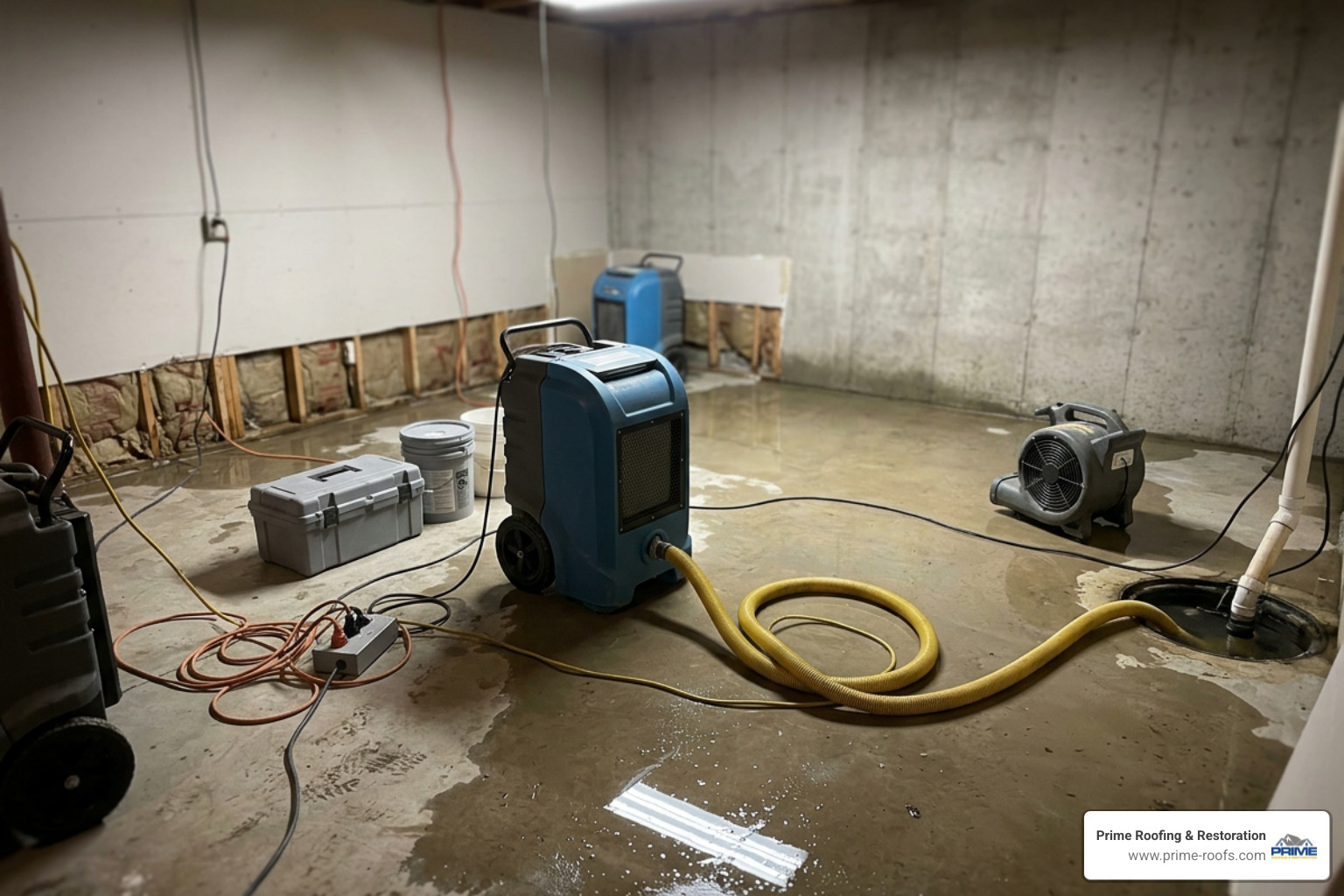industrial dehumidifiers drying a flooded basement