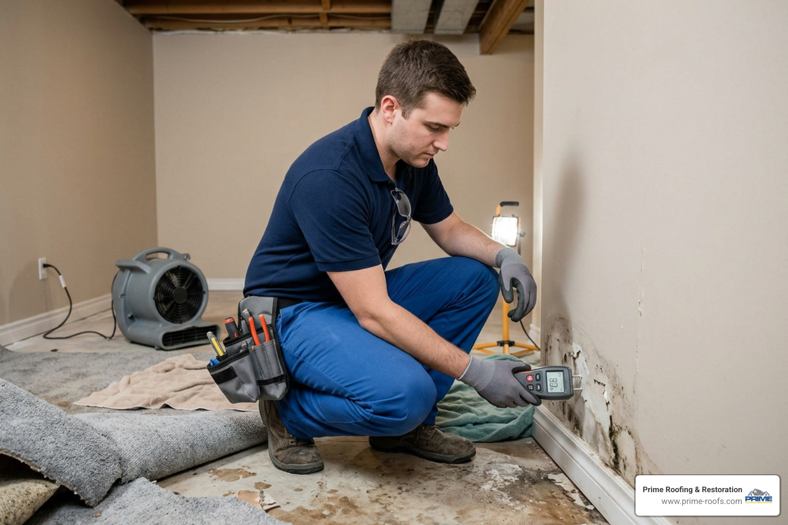 certified restoration technician inspecting water damage
