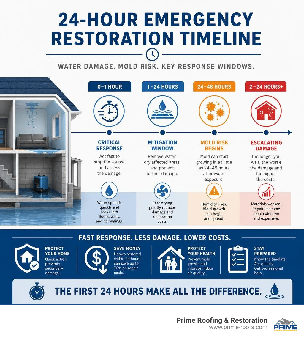 24-hour emergency restoration timeline infographic showing water damage, mold growth risk, and key response windows