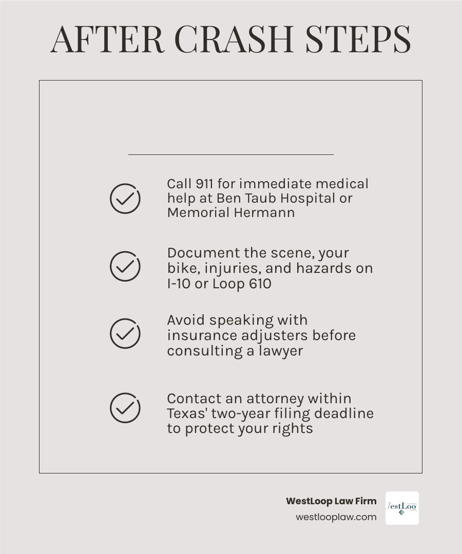 Infographic showing 5 immediate steps after a motorcycle crash in Houston with key stats on injury rates infographic Infographic showing 5 immediate steps after a motorcycle crash in Houston with key stats on injury rates infographic