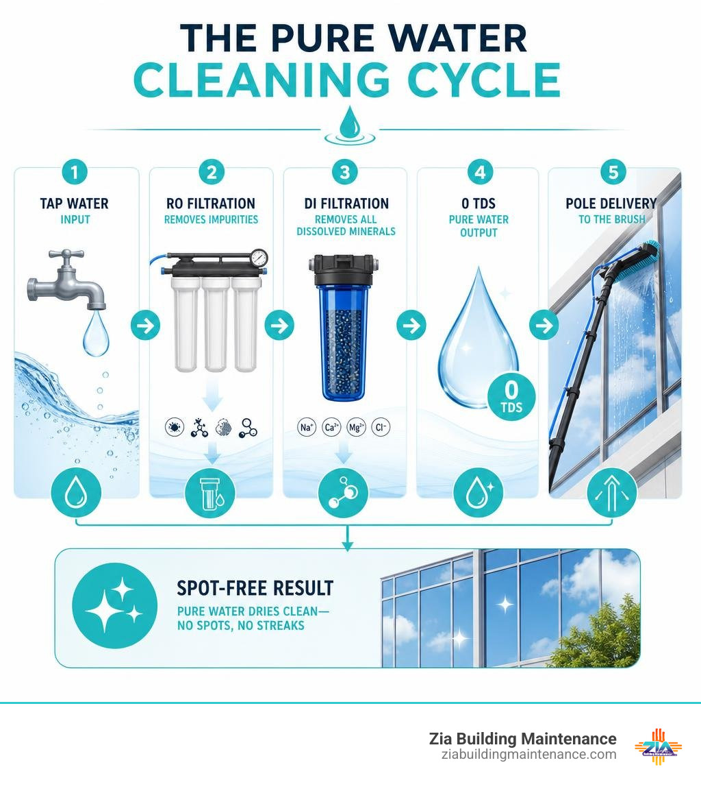 Infographic showing the pure water cleaning cycle: tap water input, RO/DI filtration stages, 0 TDS output, pole delivery Infographic showing the pure water cleaning cycle: tap water input, RO/DI filtration stages, 0 TDS output, pole delivery